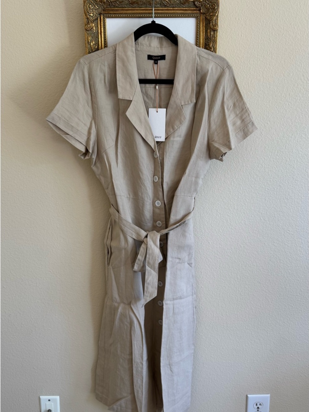 Quince European linen tan Button-Front Tie-Waist Midi Dress